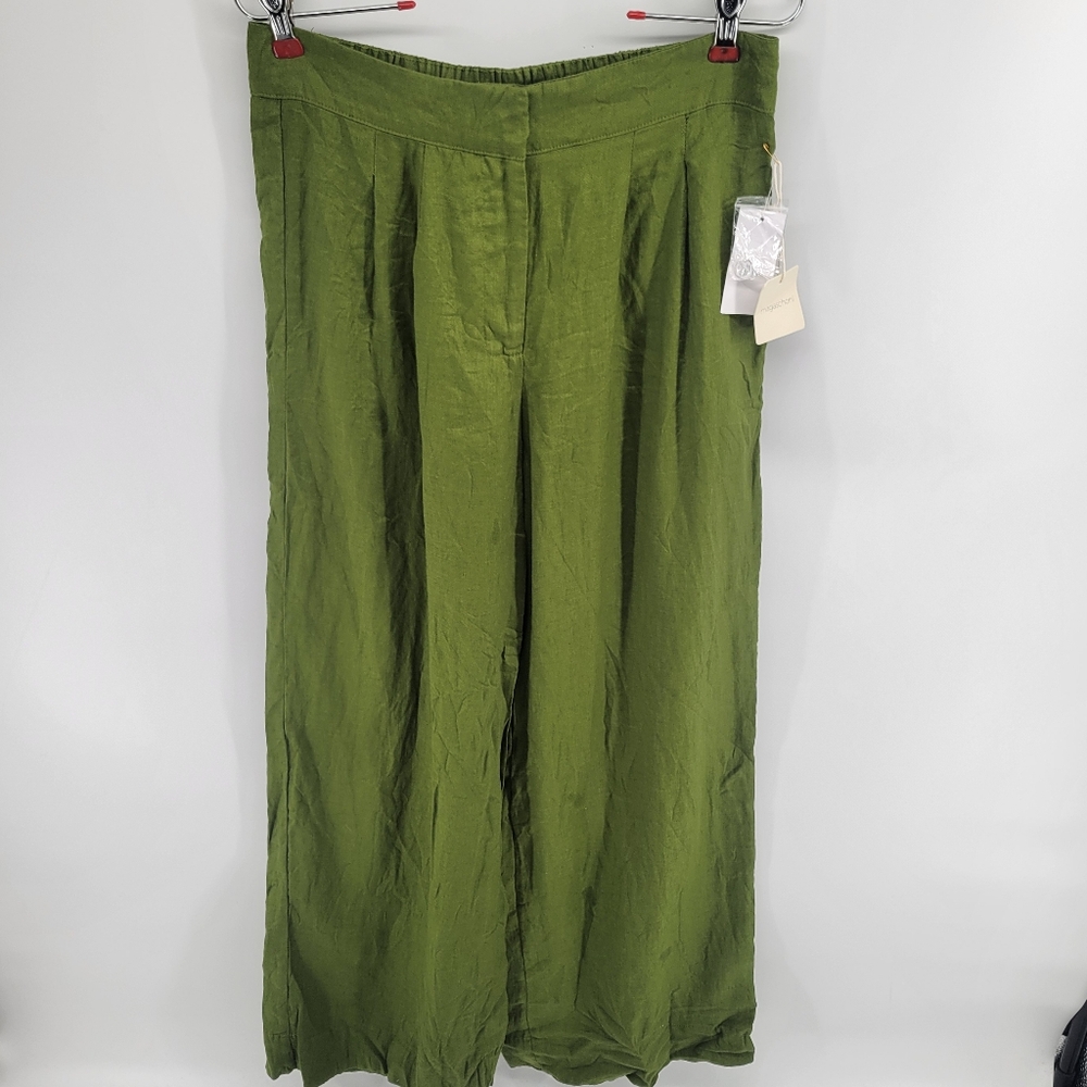 Magaschoni Linen CedarGreen Wide-Leg Pull On Pants Size Medium